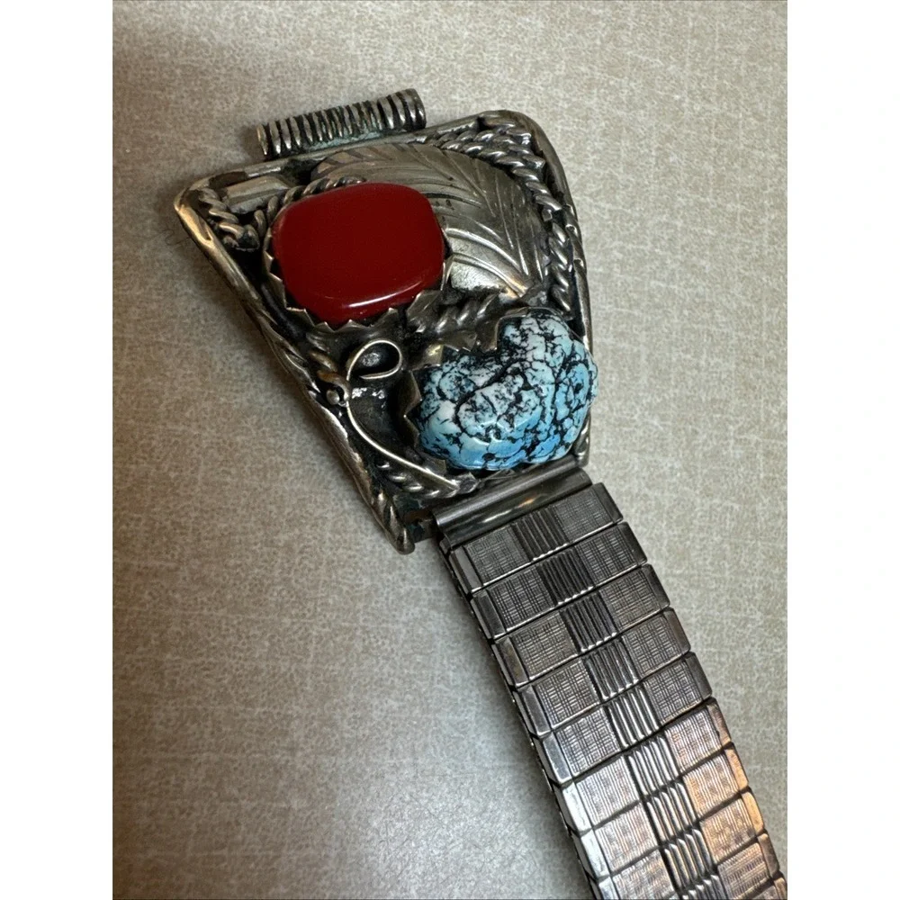 Vintage Native Sterling Silver Turquoise Coral Mens Watch Band